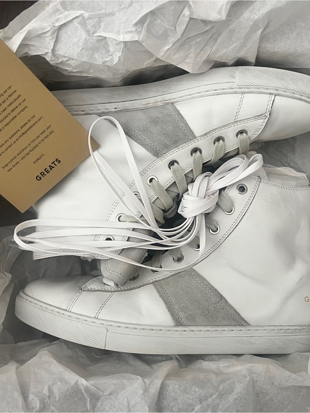 GREATS Reign High Top Leather Sneakers White/Grey Men’s 9 Made in Italy